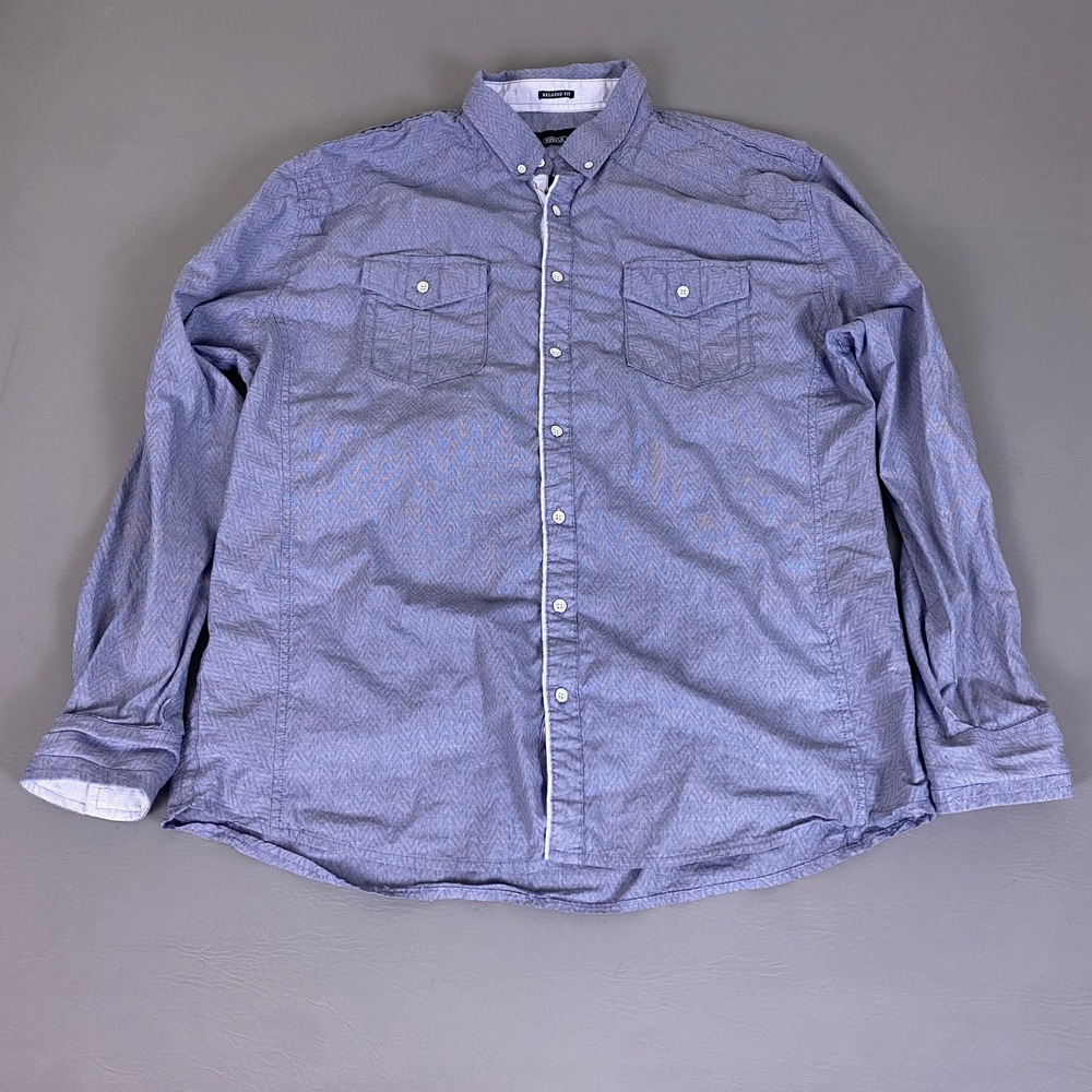 Buckle Black Button Up Shirt Men's Size XL Relaxed Fit Blue Chevron Cotton *